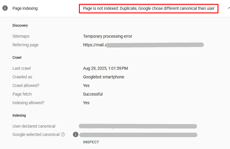 Kopya, Google Kullanıcıdan Farklı Bir Standart Sayfa Seçti Hatası